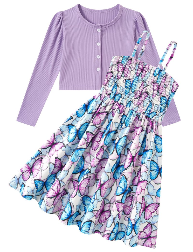 RAISEVERN Girls Dress Size 7-8 Girl Purple Butterflies Fall Dresses Casual School Picture Day Outfits - Image 1