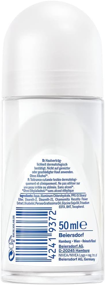 Nivea مزيل العرق نيفيا بيور سينسيتيف رول أون 50 مل مزيل عرق مع حماية مضادة للتعرق لمدة 48 ساعة للبشرة الحساسة مزيل عرق مغذي بدون حروق واحمرار وتهيج