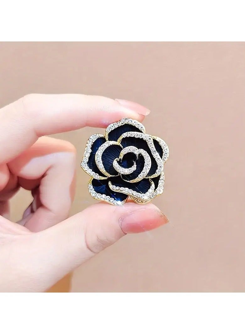 Goolsky 1pc Exquisite Rose Flower Alloy Brooch Pin - Inlaid with Shiny Rhinestone, Elegant Wedding Bouquet Accessory, Perfect for Bridal, Formal Events, and Everyday Wear - Black Color - Image 3