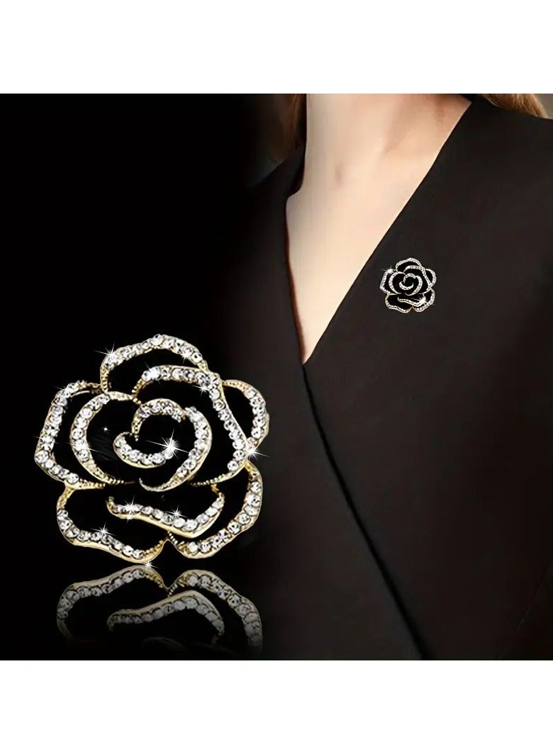 Goolsky 1pc Exquisite Rose Flower Alloy Brooch Pin - Inlaid with Shiny Rhinestone, Elegant Wedding Bouquet Accessory, Perfect for Bridal, Formal Events, and Everyday Wear - Black Color - Image 1