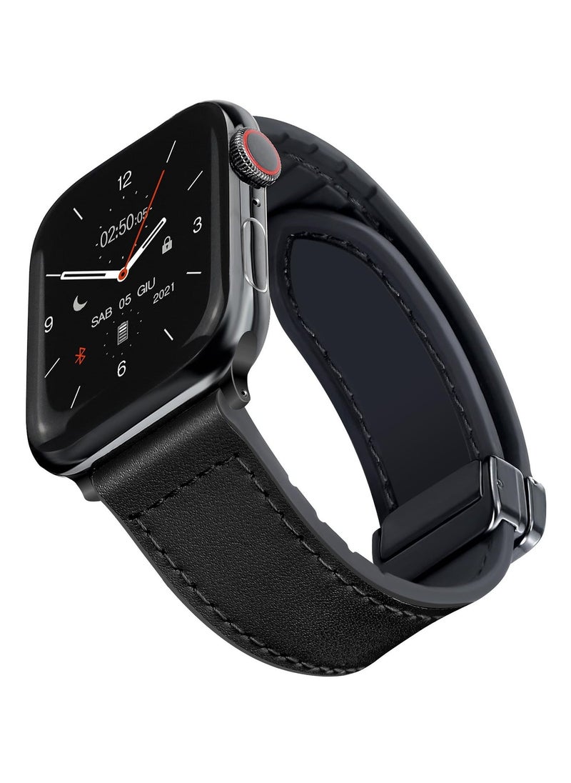 Generic - Magnetic Leather Watch Band for Apple Watch, Compatible with 49mm 45mm 44mm 42mm, Genuine Leather Strap with Magnetic Buckle, Fits for Apple Watch Ultra 9 8 7 Series, Black - Image 1