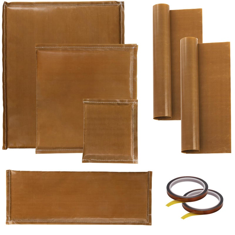 Eorbow مجموعة وسائد ضغط الحرارة Eorbow 8 قطع بأحجام 4 وسائد ضغط حرارية و2 ورقة تيفلون و2 لفة شريط مقاوم للحرارة لمشاريع الطباعة على الشاشة باللون البني