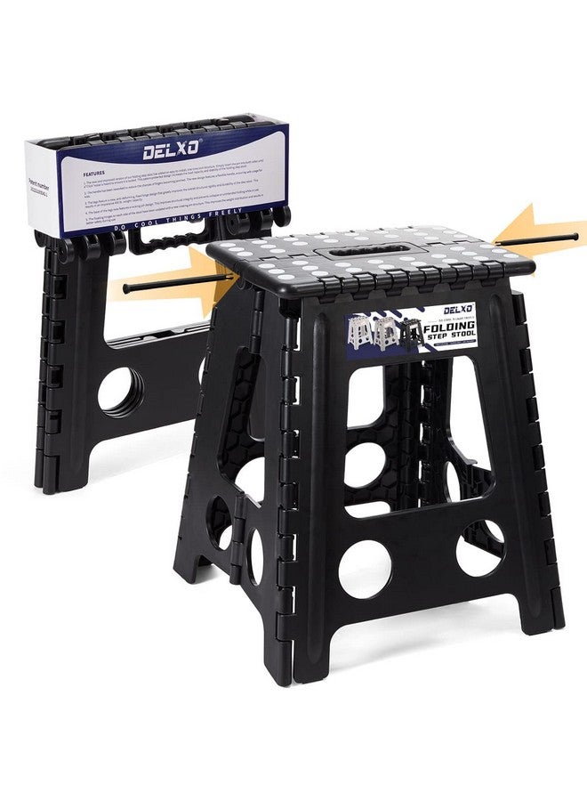 Delxo 16” Folding Step Stool in Black,1 Pack Premium Foldable Stool for Adults,Portable Collapsible Plastic Step Stool,Non Slip Folding Stools for Kitchen Bathroom Bedroom Up to 400LBS - Image 1