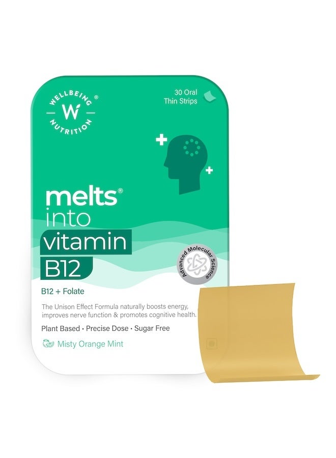 WELLBEING NUTRITION Melts Vegan Vitamin B12, Folate, Brahmi & Curcumin | For Memory, Brain, Heart & Nervous System Support | B12 supplement for Men & Women, 30 Oral Strips - Image 1