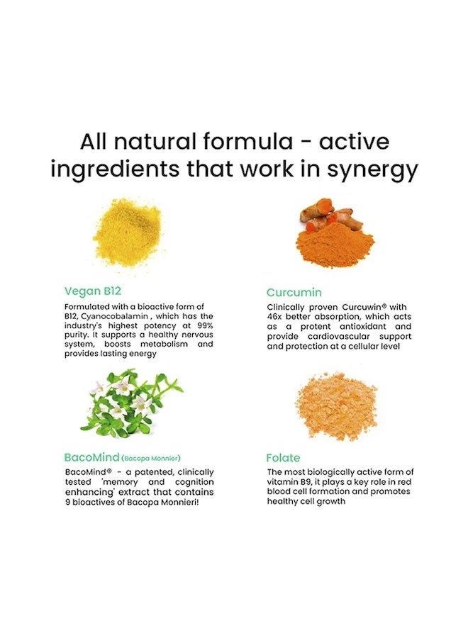 WELLBEING NUTRITION Melts Vegan Vitamin B12, Folate, Brahmi & Curcumin | For Memory, Brain, Heart & Nervous System Support | B12 supplement for Men & Women, 30 Oral Strips - Image 3