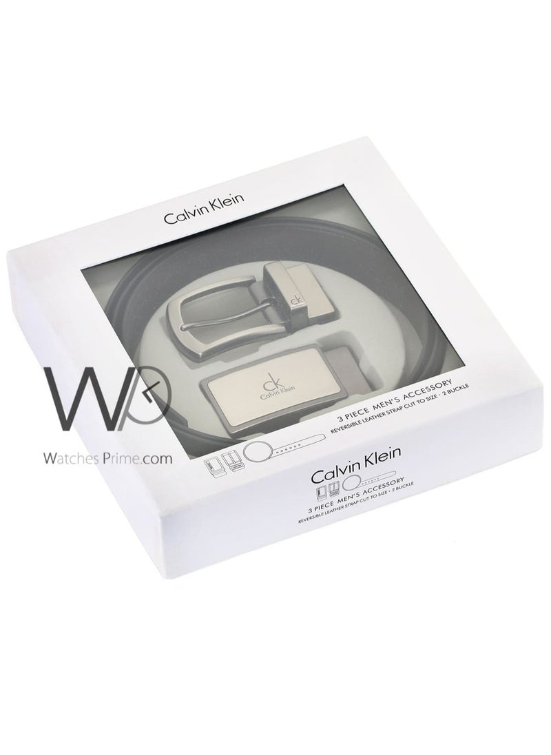CALVIN KLEIN JEANS PLUS - Calvin Klein For Men Black And Brown 2 Buckles Double Face Belt Leather Gift Box - Image 1