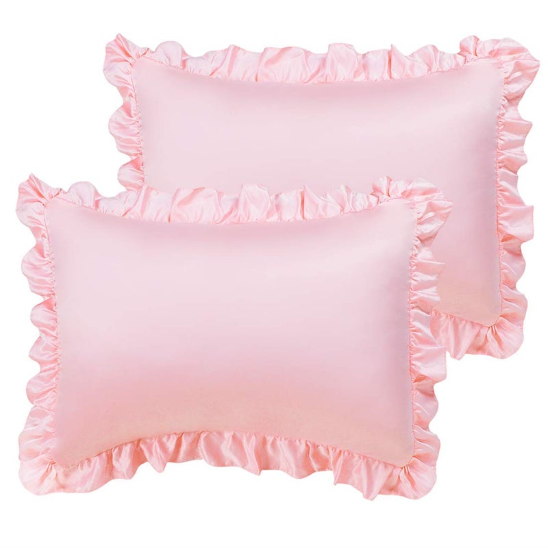 PiccoCasa Satin Pillow Cases for Hair and Skin 2PackRuffled Pillow Shams Oxford Pillowcases Covers with Envelope Closure Pink Standard 20x26inch  3inch Hem