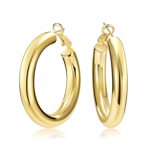 SHOWNII Chunky Gold Hoop Earrings - 14K Gold Plated Earrings for Women Hollow Tube Thick Hoops Graduation Gifts for Her - Image 1