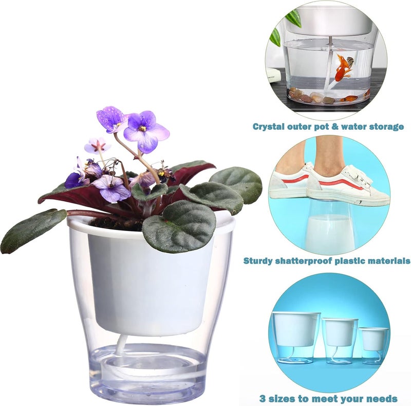 DeELF Outlet 3 Packs 7 Inches Clear Self-watering Planters Large African Violet Pots Plastic Plant Pots Wicking Flower Pots for Indoor Plants, Herbs, African Violet, Ocean Spider Plant, Orchid Pot, Clear and White - Image 2
