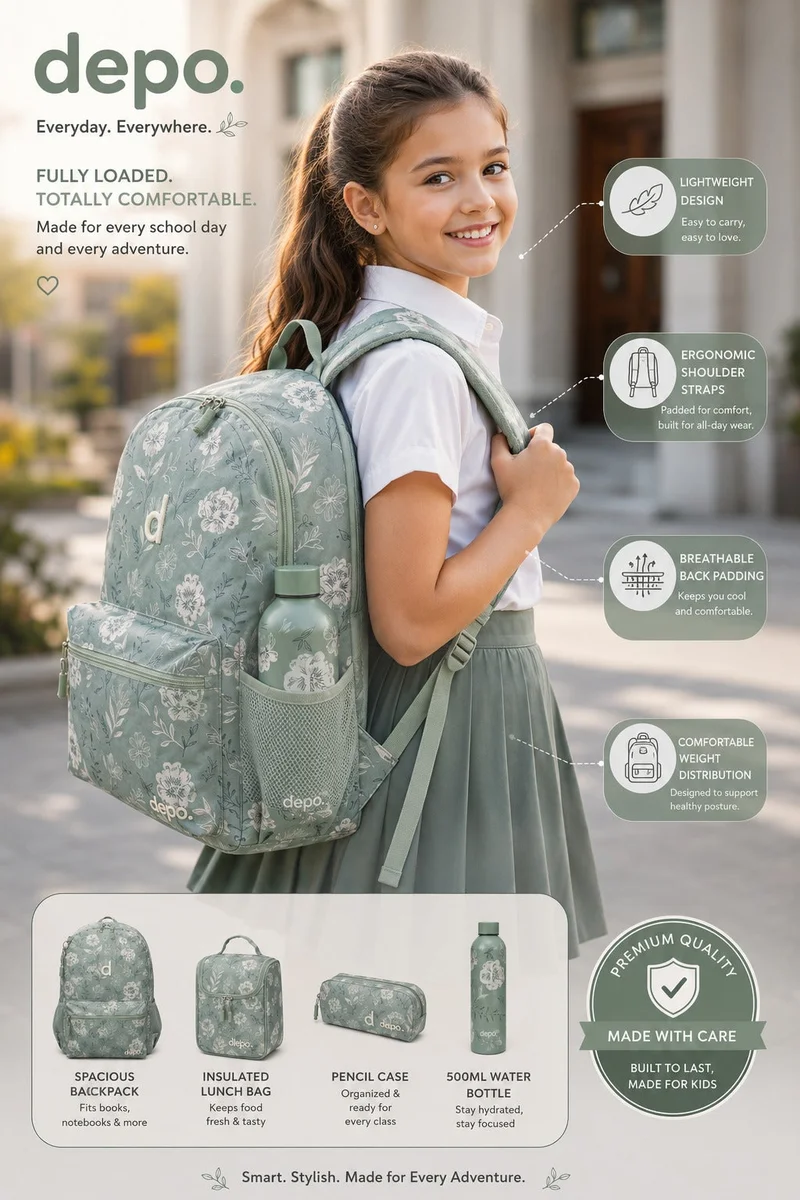 Depo 4-Piece Premium School Backpack Set for Girls – 44cm Water-Resistant Backpack with Insulated Lunch Bag, Pencil Case & Stainless Steel Water Bottle | Floral Design