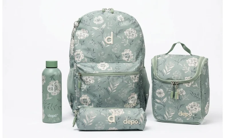Depo 4-Piece Premium School Backpack Set for Girls – 44cm Water-Resistant Backpack with Insulated Lunch Bag, Pencil Case & Stainless Steel Water Bottle | Floral Design