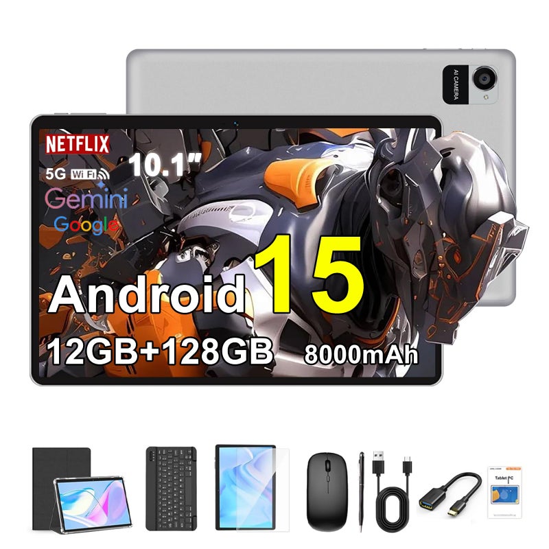 تابلت كريلاندر 101 بوصة أندرويد 15 بسعة 12GB128GB وبطارية 8000mAh وشاشة تعمل باللمس 1280x800 و5G WiFiBluetooth مع حقيبة ولوحة مفاتيح وفأرة وقلم رمادي