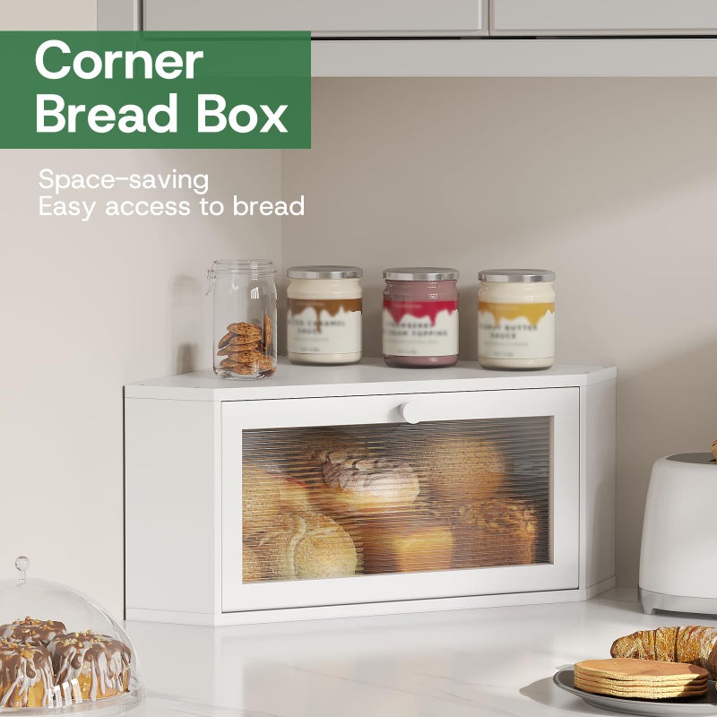 kiplant Corner Bread Box for Kitchen Countertop - Bamboo Wood, Wavy Acrylic Door, Bread Storage Container, Large Bread Holder (White, Medium) - Image 3
