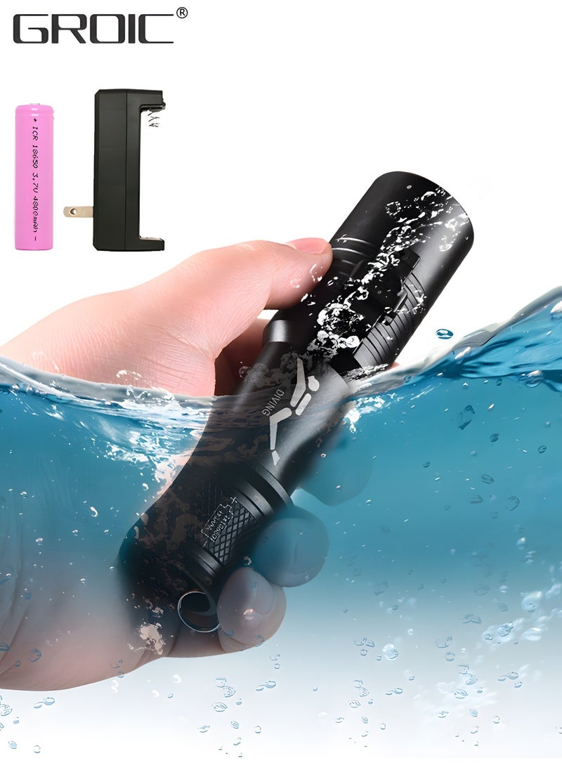 GROIC Diving Flashlight Dive Torch,LED Diving Flashlight Underwater Flashlight，Rechargeable Waterproof Underwater Lights Night,Outdoor flashlight  - Image 1