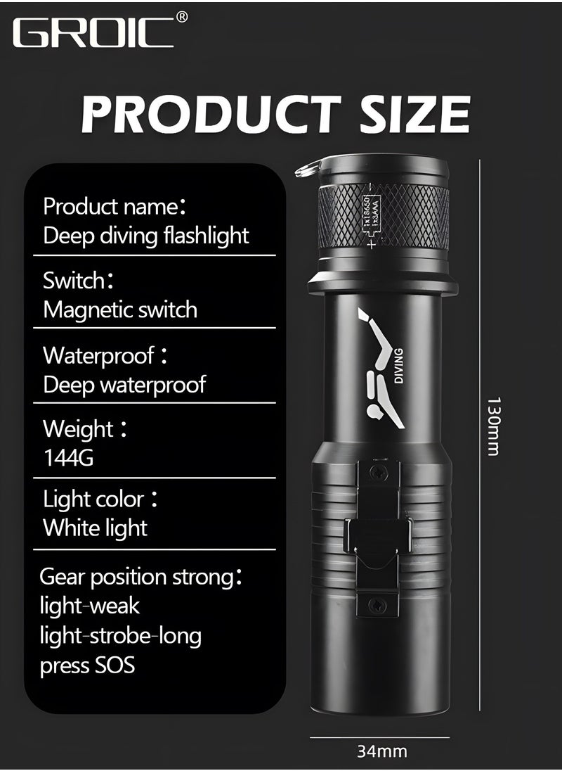 GROIC Diving Flashlight Dive Torch,LED Diving Flashlight Underwater Flashlight，Rechargeable Waterproof Underwater Lights Night,Outdoor flashlight  - Image 5