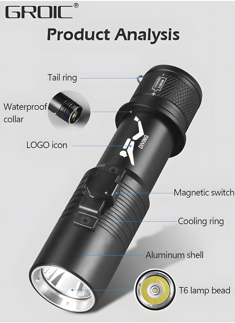 GROIC Diving Flashlight Dive Torch,LED Diving Flashlight Underwater Flashlight，Rechargeable Waterproof Underwater Lights Night,Outdoor flashlight  - Image 4