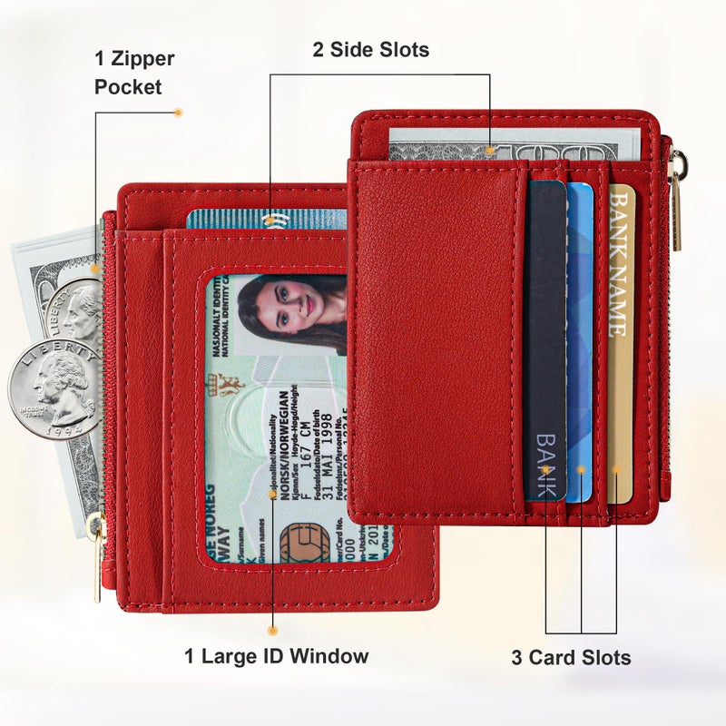 Sodsay Card Case Slim Front Pocket Wallet for Women Credit Card Holder with Keychain(Smooth Red Classic) - Image 2