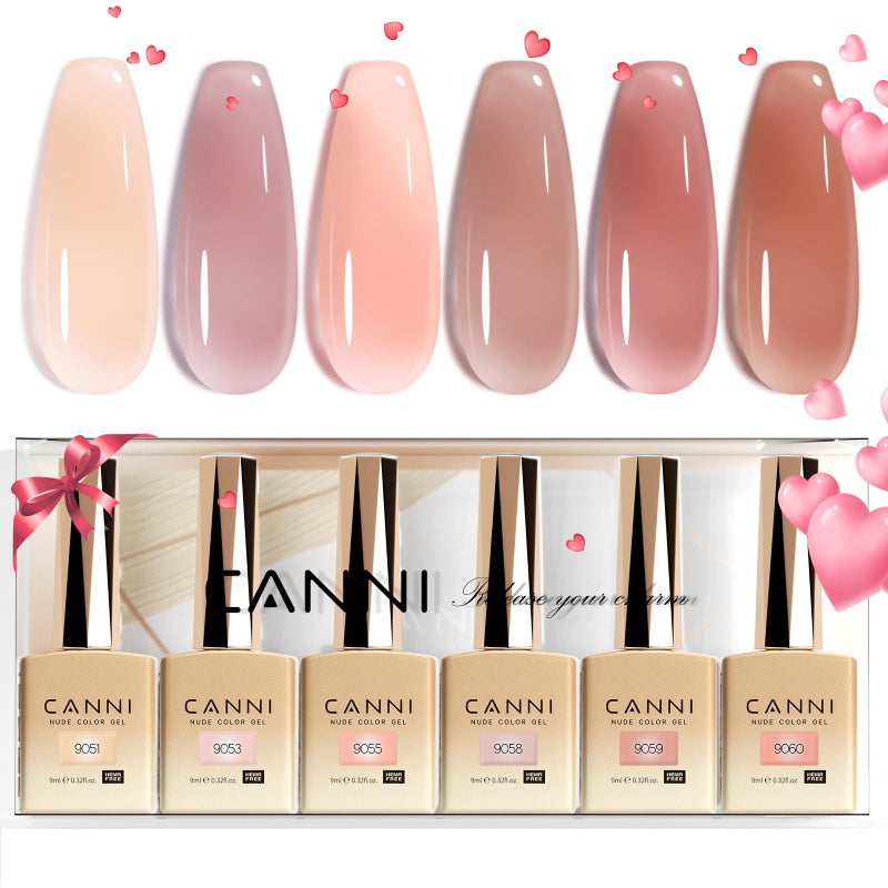 CANNI 6pcs 9ml Jelly Nude Pink Gel Nail Polish Set- Neutral Transparent Pink Colors Gel Polish Kit, Soak Off LED Nail Gel Manicure Kit DIY at Home Salon Gifts for Women Girls - Image 1