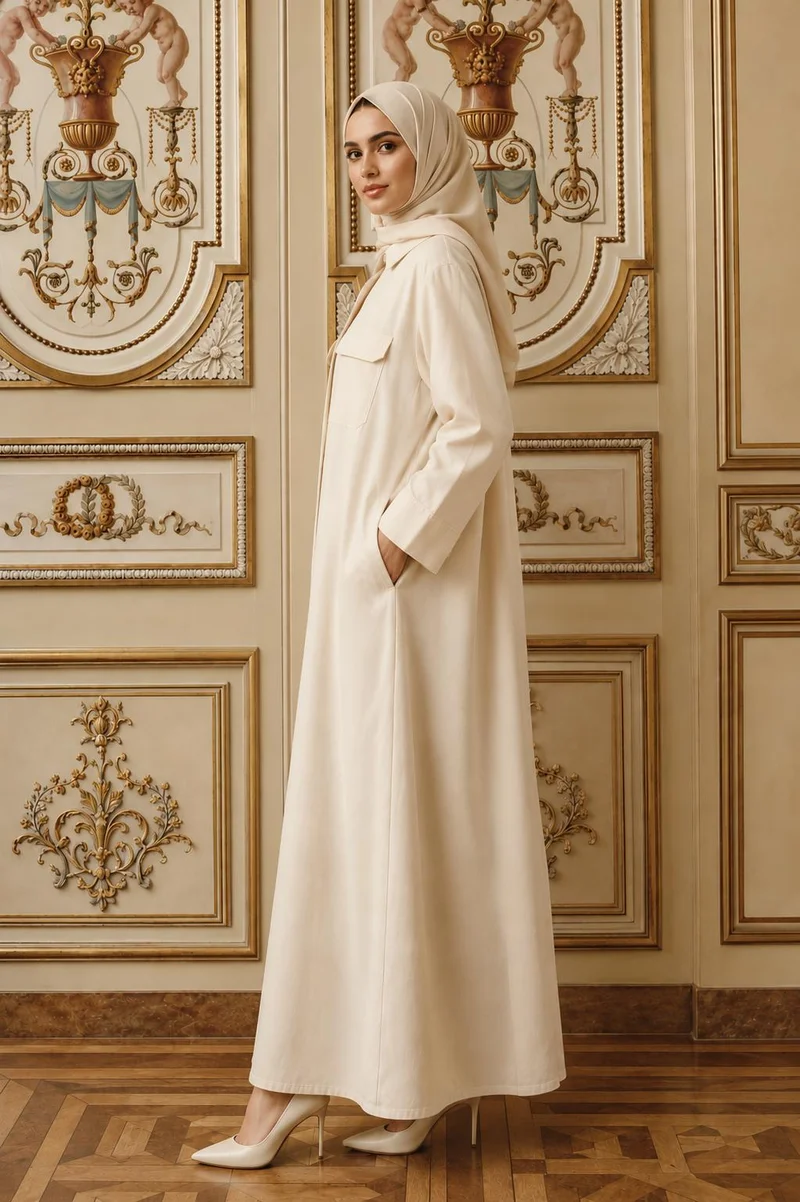 أم سكوير فاشن Cream Shirt-Style Abaya with Collar & Cargo Pockets