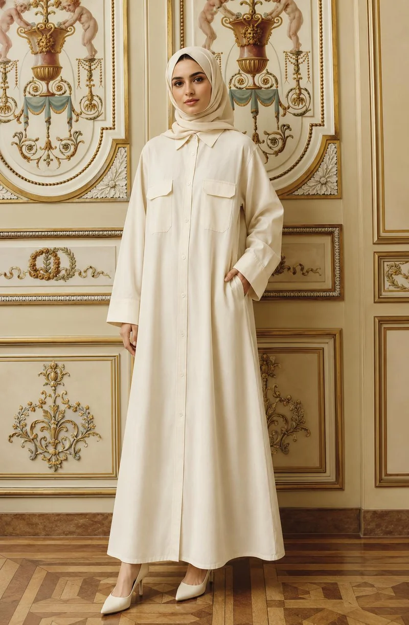 أم سكوير فاشن Cream Shirt-Style Abaya with Collar & Cargo Pockets