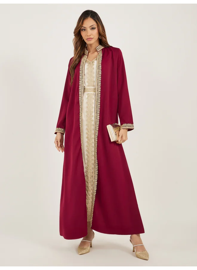 أميرة Amirah Lace Trim Collared Belted Satin Abaya with Inner Dress