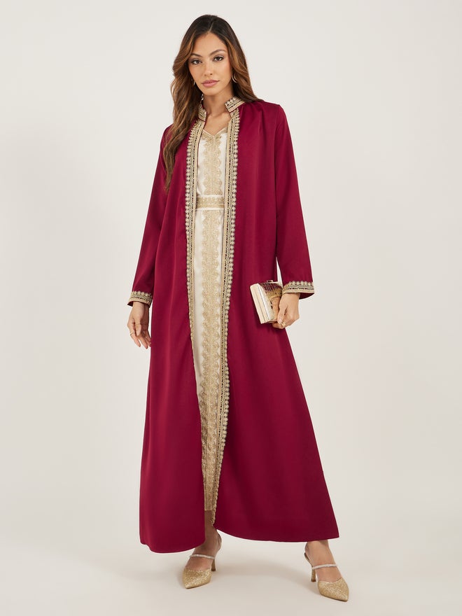 Styli Amirah Lace Trim Collared Belted Satin Abaya with Inner Dress  - Image 1