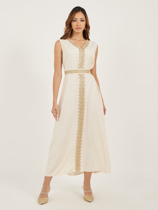 Styli Amirah Lace Trim Collared Belted Satin Abaya with Inner Dress  - Image 3