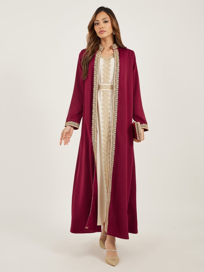 Styli Amirah Lace Trim Collared Belted Satin Abaya with Inner Dress  - Image 2