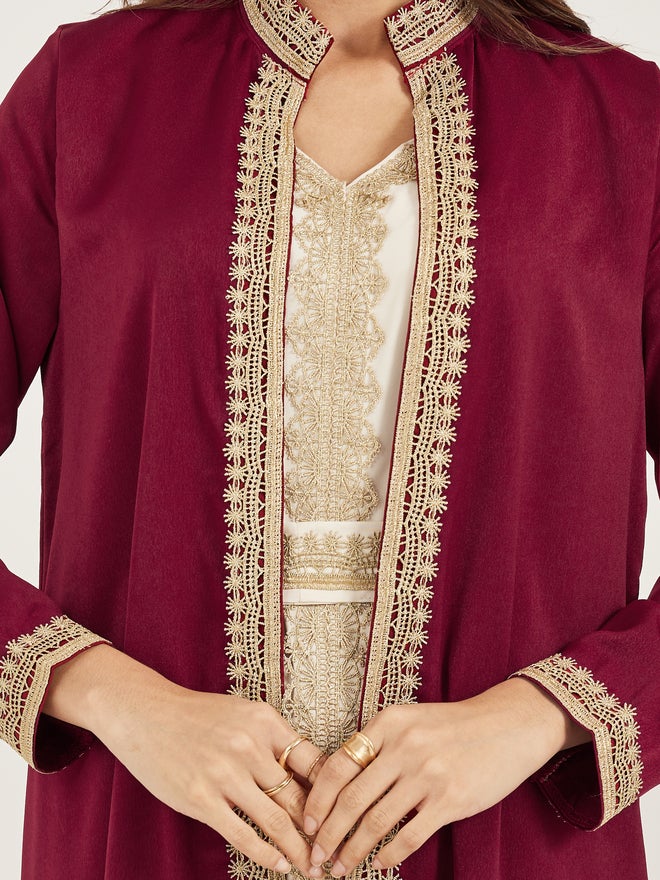 Styli Amirah Lace Trim Collared Belted Satin Abaya with Inner Dress  - Image 5