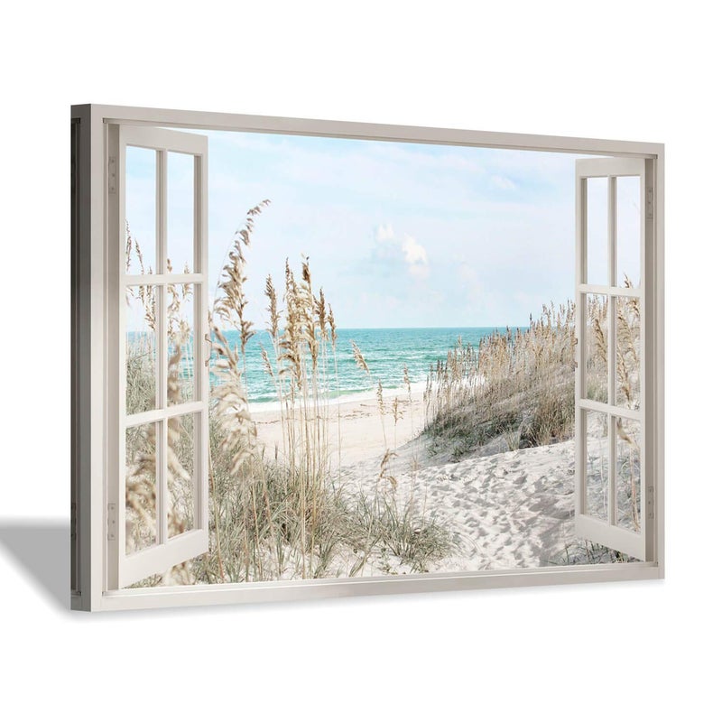 Coastal Picture Beach Wall Art Beach Theme Artwork Window Seascape Canvas Prints for Bedroom 45 x 30 x 1 Panel