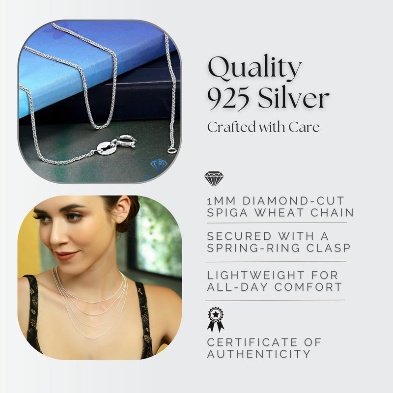 SEA OF ICE Italian Spiga Wheat Chain Necklace – Silver Chain Necklace for Women and Men – 925 Sterling Silver Spring Ring Locked Jewelry Chain – Multisize Silver Chain Unisex - Image 5