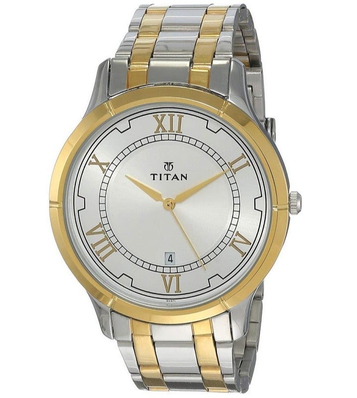Titan Karishma Men Quartz Movement | Silver Date Dial with Two Toned Gold and Silver Stainless Steel Strap | Water Resistant - 1775BM01 - Image 1
