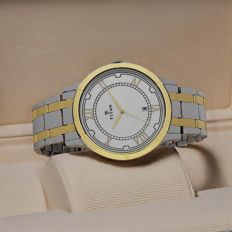 Titan Karishma Men Quartz Movement | Silver Date Dial with Two Toned Gold and Silver Stainless Steel Strap | Water Resistant - 1775BM01 - Image 3