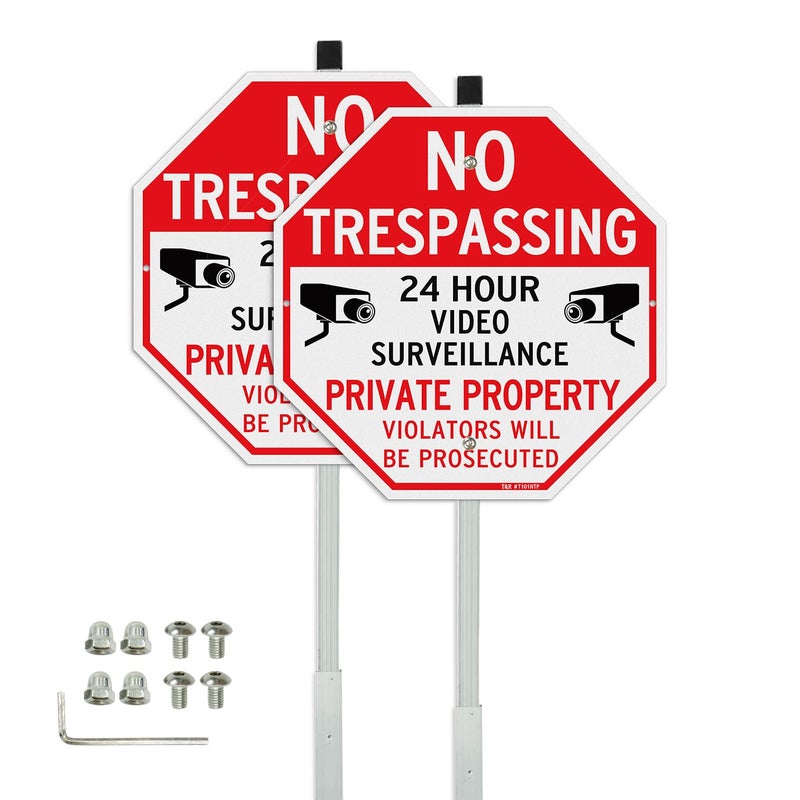 TR T&R Large No Trespassing Private Property Sign Video Surveillance Sign with 36" Stake for Outside - 2 Pack - 12"x12" .040 Rust Free Heavy Aluminum, Reflective, Waterproof, Weatherproof and Fade - Image 1