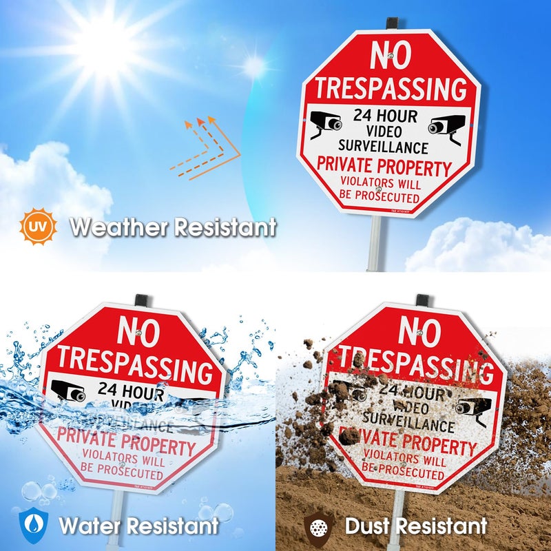 TR T&R Large No Trespassing Private Property Sign Video Surveillance Sign with 36" Stake for Outside - 2 Pack - 12"x12" .040 Rust Free Heavy Aluminum, Reflective, Waterproof, Weatherproof and Fade - Image 3