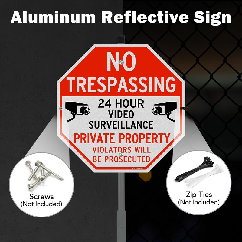 TR T&R Large No Trespassing Private Property Sign Video Surveillance Sign with 36" Stake for Outside - 2 Pack - 12"x12" .040 Rust Free Heavy Aluminum, Reflective, Waterproof, Weatherproof and Fade - Image 5