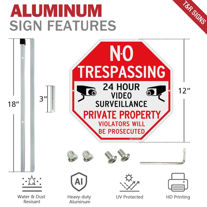 TR T&R Large No Trespassing Private Property Sign Video Surveillance Sign with 36" Stake for Outside - 2 Pack - 12"x12" .040 Rust Free Heavy Aluminum, Reflective, Waterproof, Weatherproof and Fade - Image 2