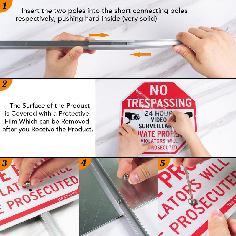 TR T&R Large No Trespassing Private Property Sign Video Surveillance Sign with 36" Stake for Outside - 2 Pack - 12"x12" .040 Rust Free Heavy Aluminum, Reflective, Waterproof, Weatherproof and Fade - Image 4