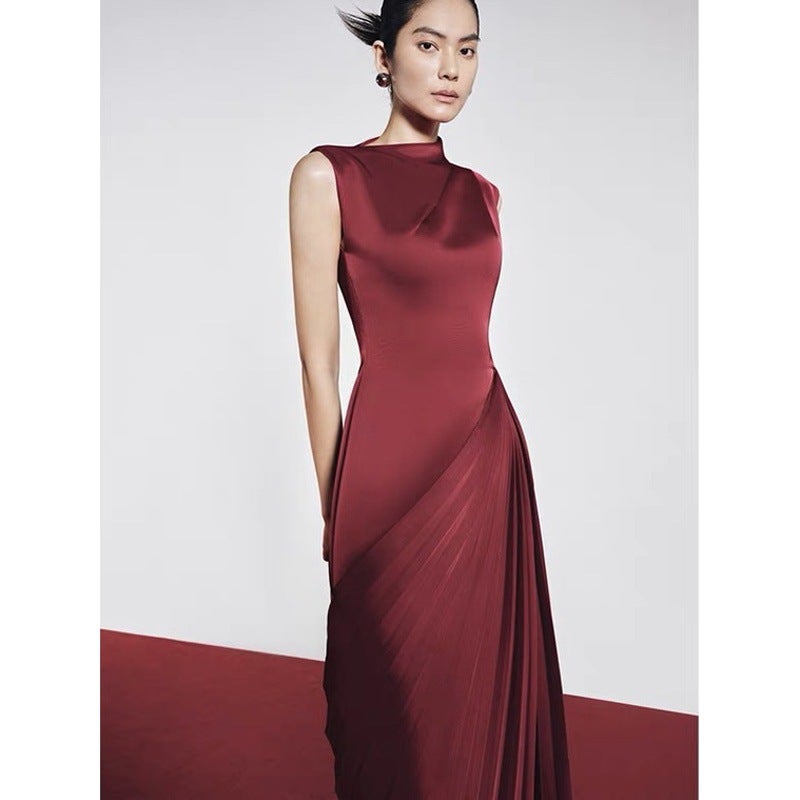 Women's Elegant Asymmetric Pleated Long Sleeveless Evening Dress - Image 4
