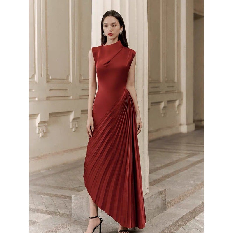 Women's Elegant Asymmetric Pleated Long Sleeveless Evening Dress - Image 1