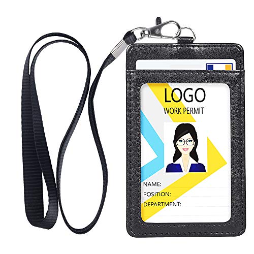 Teskyer Leather ID Badge Holder with Lanyard for Work School IDs, Cruise Ship Cards, Hotel Key Card, All Kinds of Pass Cards - Black - Image 1