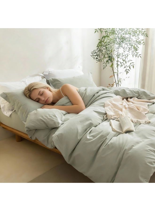 BDEAR غطاء لحاف من الكتان بحجم كوين، 100% قطن مغسول مع غطاء بسحاب بالإضافة إلى 2 غطاء وسادة، أخضر مائل إلى الحكمة - Image 3