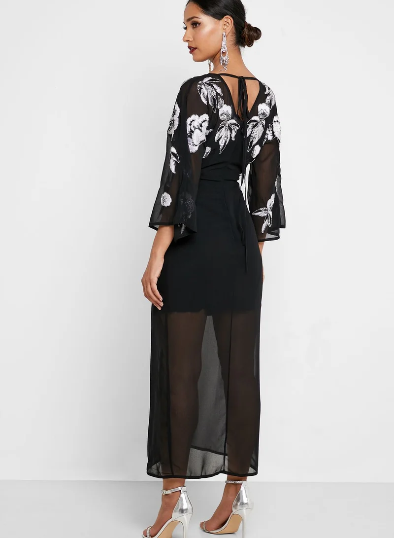 Frock and Frill Bell Sleeve Embellished Dress