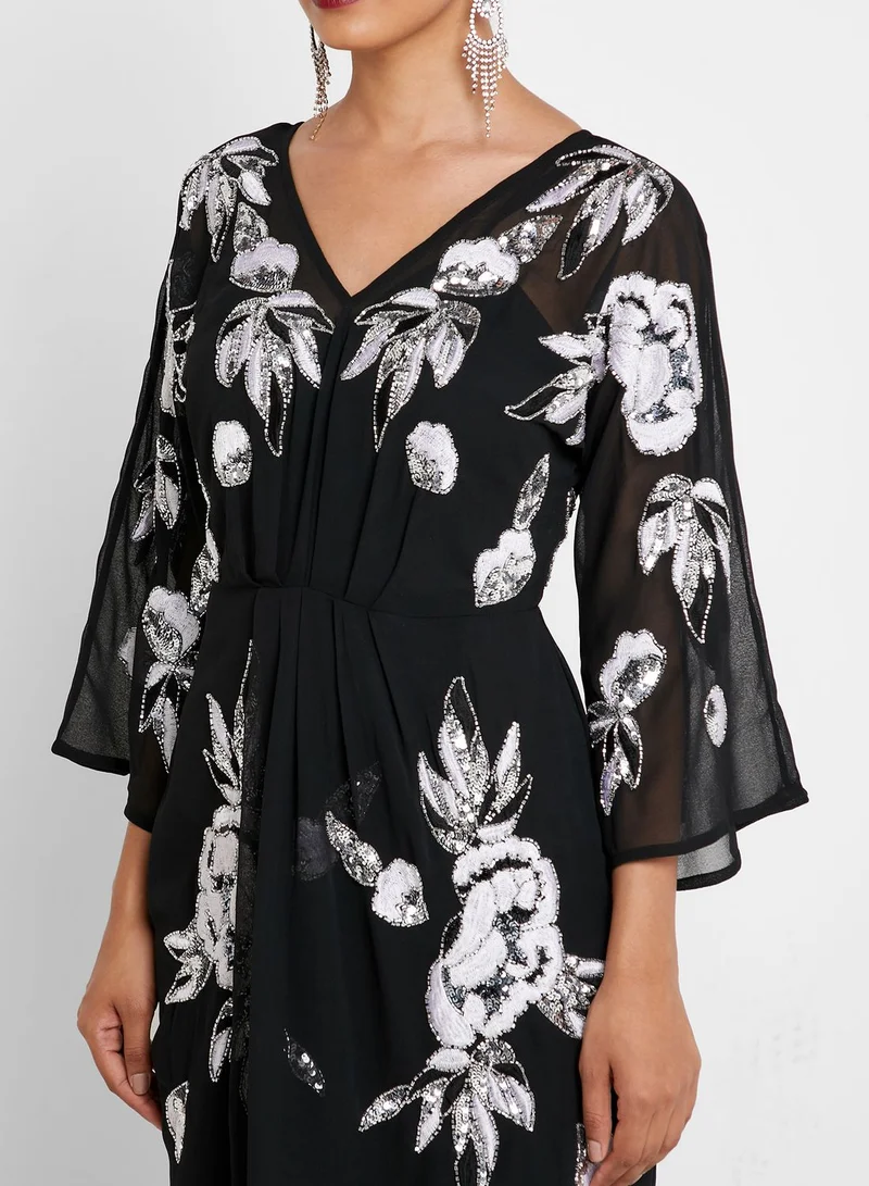 Frock and Frill Bell Sleeve Embellished Dress