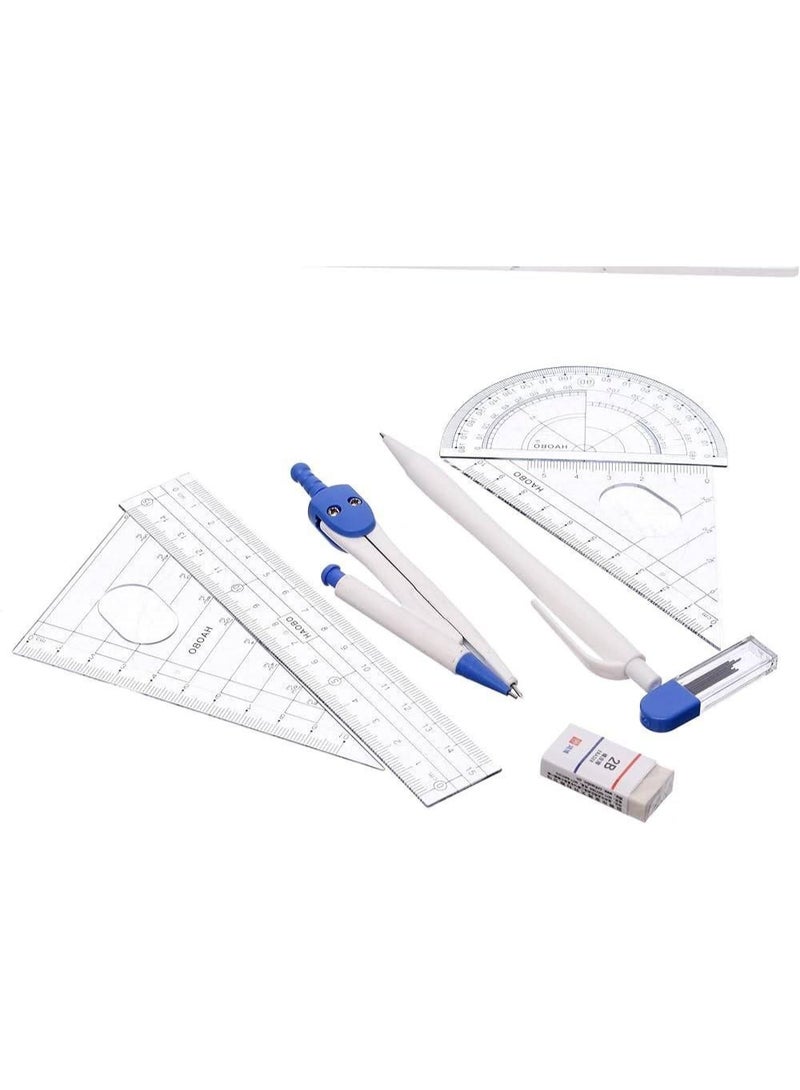 Geometric 2-door stand with plastic case, metal compass, rulers, ballpoint pen, eraser, and case of leads. Case: 8 pieces in various colors. - Image 1