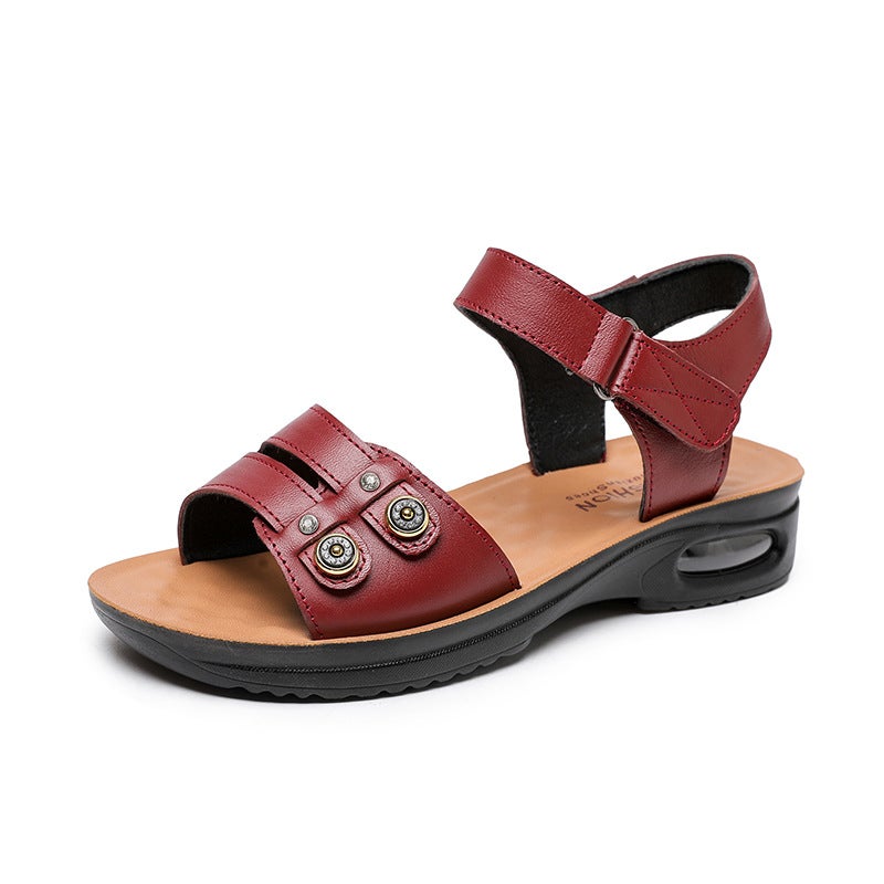Summer Flat Sandals Soft Leather Anti-Slip for Mature Women Red