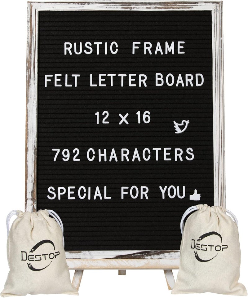 Destop Felt Letter Board with Rustic Vintage Frame and Stand 12x16 inch,Black Changeable Letter and Message Board Includes 792 Letters, Numbers and Symbols, Hook to Hang, 2 Canvas Bags - Image 1