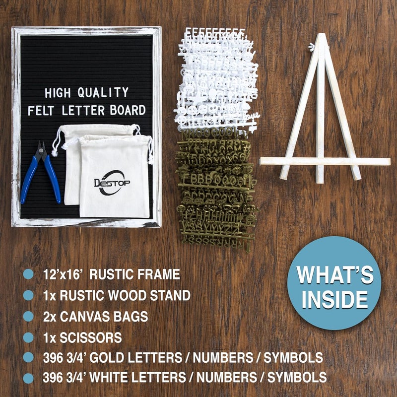 Destop Felt Letter Board with Rustic Vintage Frame and Stand 12x16 inch,Black Changeable Letter and Message Board Includes 792 Letters, Numbers and Symbols, Hook to Hang, 2 Canvas Bags - Image 2