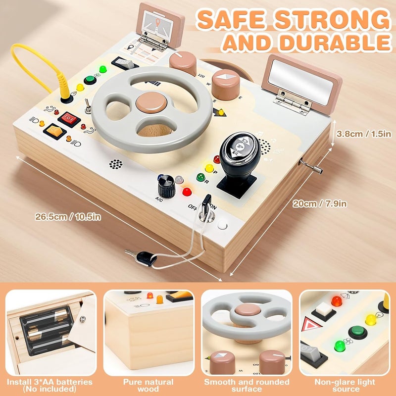 Joyreal Montessori Toddler Busy Board - ألعاب مونتيسوري للأطفال من عمر 1-3 سنوات، لوحة حسية خشبية مع أضواء LED، عجلة قيادة، مشغل موسيقى، ألعاب سفر للأولاد والبنات بعمر سنة فما فوق هدية عيد ميلاد - Image 5