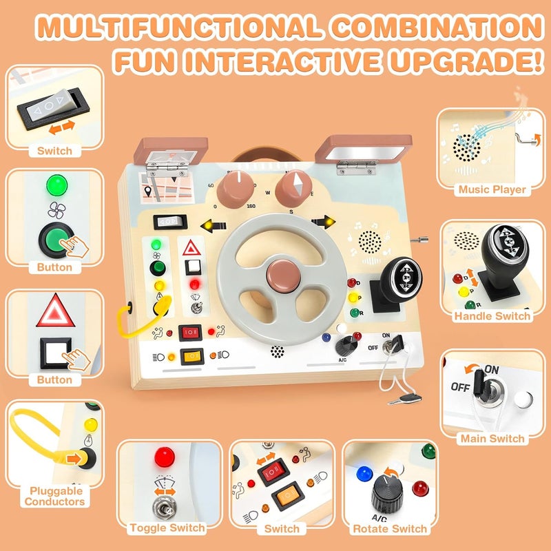 Joyreal Montessori Toddler Busy Board - ألعاب مونتيسوري للأطفال من عمر 1-3 سنوات، لوحة حسية خشبية مع أضواء LED، عجلة قيادة، مشغل موسيقى، ألعاب سفر للأولاد والبنات بعمر سنة فما فوق هدية عيد ميلاد - Image 2